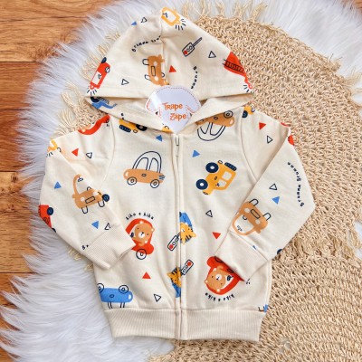 Conj. Jaqueta Beep Beep! com Capuz e Calça de Moletom - Areia e Azul Jeans